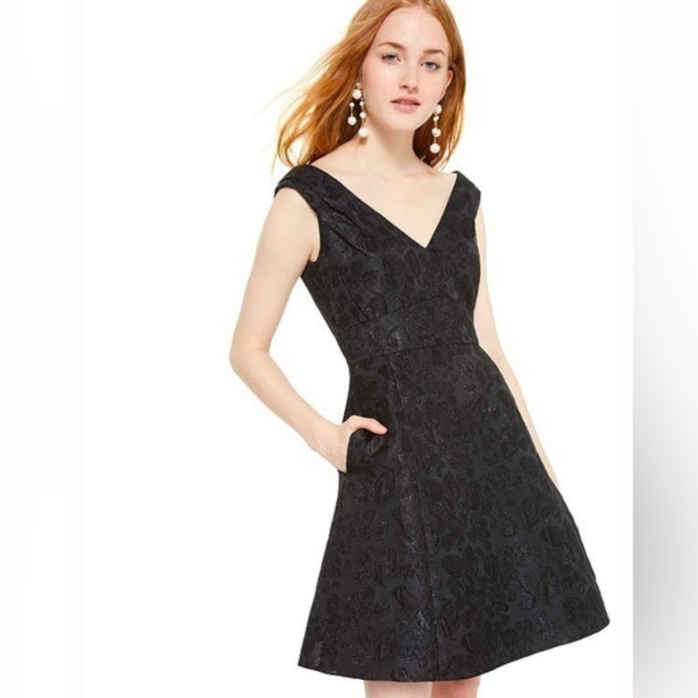 [Kate Spade] Floral Shimmer Pleated Shoulder Double V Fit & Flare Classic Dress